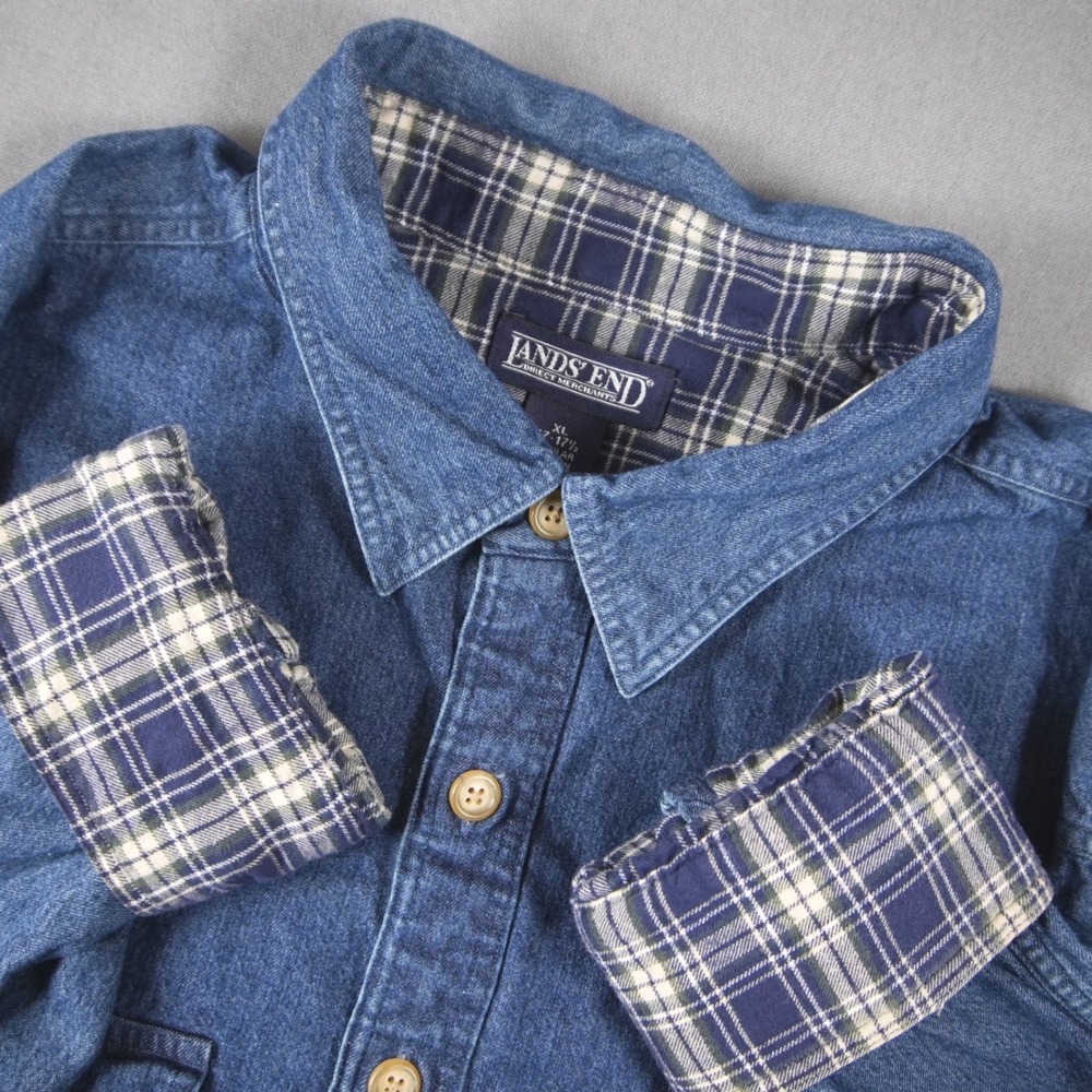 Vintage Lands End Western Flannel Lined Mens XL Denim Shirt Workwear Retro